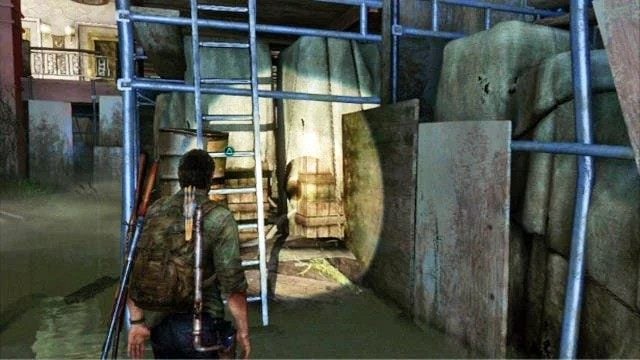 Once you get out of the building, grab onto the ladder leaning against the pillar to the right and lean it against the wall pointed by Ellie - The Last of Us: Hotel Lobby, Pittsburgh Walkthrough, map - Pittsburgh - The Last of Us Guide