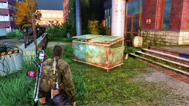 To open it, turn around and give a push to the container on your right - The Last of Us: Go Big Horns! The University Walkthrough - The University - The Last of Us Guide
