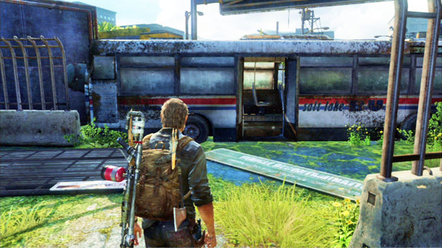 Once you are done with the tents, go to the right edge of this location and walk through the destroyed bus - The Last of Us: Highway Exit, Bus Depot Walkthrough - Bus Depot - The Last of Us Guide