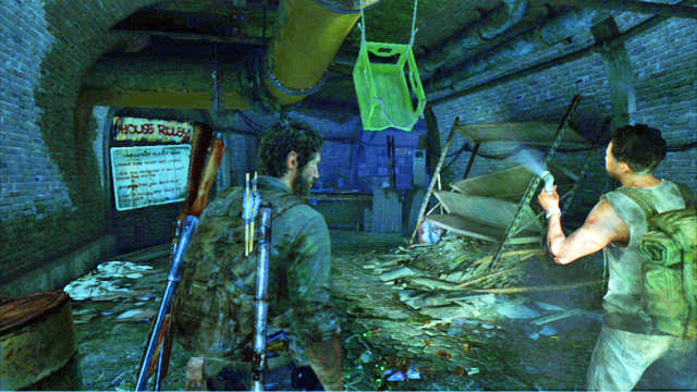 After you bump into the sound trap, take several steps ahead, until you reach a destroyed bookshelf - The Last of Us: Tommys Dam, Training manuals, tools - Training manuals and tools - The Last of Us Guide