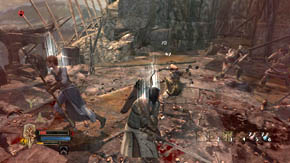 There are several warriors and another sorcerer hiding behind the corner - Battlements - Chapter 1 - The Lord of the Rings: War in the North - Game Guide and Walkthrough