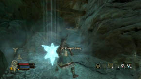 The further road leads to the glowing portal on the left, but before you run over there, search a chest on the rock to the right (there's also a flower also there) - Mountain's Interior - Chapter 4 - The Lord of the Rings: War in the North - Game Guide and Walkthrough