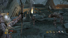 Kill off all the heavy-armored orcs and barbarians, and then shoot all the archers who will appear in front of the destroyed gate - Nordinbad - Chapter 7 - The Lord of the Rings: War in the North - Game Guide and Walkthrough