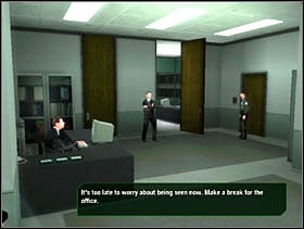 We wait till the security guard stops talking to the cop and move very close to the desk on his other side and link up to a partly opened cabinet (screen 1) - Matrix Path of Neo: Theyre Coming for You, Neo - Matrix Path of Neo: Walkthrough - The Matrix: Path of Neo Game Guide & Walkthrough