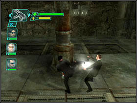 When we get separated from the others we hide near the pillar marked in red (screen 1) - Matrix Path of Neo: Storming the Drain - Matrix Path of Neo: Walkthrough - The Matrix: Path of Neo Game Guide & Walkthrough