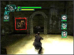 Now we run on the first floor First thing we do is to shoot a mechanism left from the door (screen 2) - Matrix Path of Neo: Captains Rescue - Matrix Path of Neo: Walkthrough - The Matrix: Path of Neo Game Guide & Walkthrough