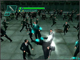 We start the fight with a few enemies - Matrix Path of Neo: The Burly Braw - Matrix Path of Neo: Walkthrough - The Matrix: Path of Neo Game Guide & Walkthrough