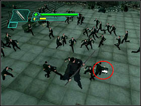 Our fight causes the surrounding buildings to collapse - Matrix Path of Neo: The Burly Braw - Matrix Path of Neo: Walkthrough - The Matrix: Path of Neo Game Guide & Walkthrough