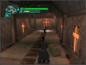 We run along the corridor to a hall with lots of pillars - Matrix Path of Neo: Downside up - Matrix Path of Neo: Walkthrough - The Matrix: Path of Neo Game Guide & Walkthrough