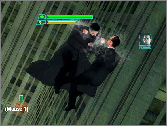 When our enemy is far away from us we wait till he attacks us (he will fly like a torpedo toward us) we make an evade move (we press only the evade button, nothing else) - Matrix Path of Neo: Mr. Anderson, Welcome Back - Matrix Path of Neo: Walkthrough - The Matrix: Path of Neo Game Guide & Walkthrough