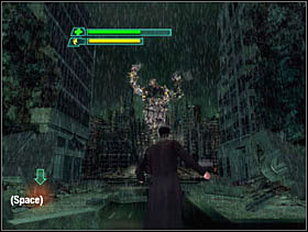 The monster throws balls of junk at us - Matrix Path of Neo: This is My World - Matrix Path of Neo: Walkthrough - The Matrix: Path of Neo Game Guide & Walkthrough