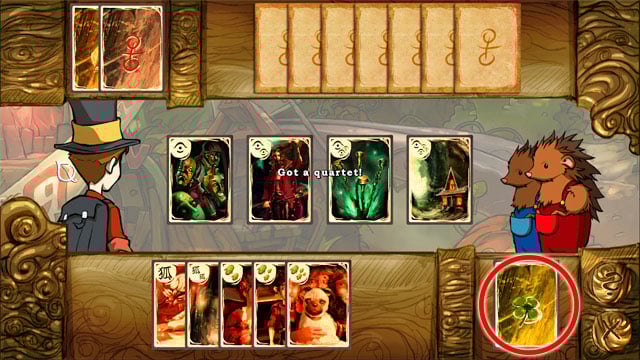 When you get four cards from one family you have a quartet - all four cards leaves game table and go to right-bottom corner - Card game Quartet - Game elements - The Night of the Rabbit - Game Guide and Walkthrough