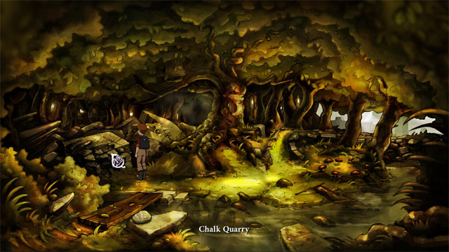 Go through the wooden footbridge - on the left you will discover chalk quarry - A summer day - Walkthrough - The Night of the Rabbit - Game Guide and Walkthrough