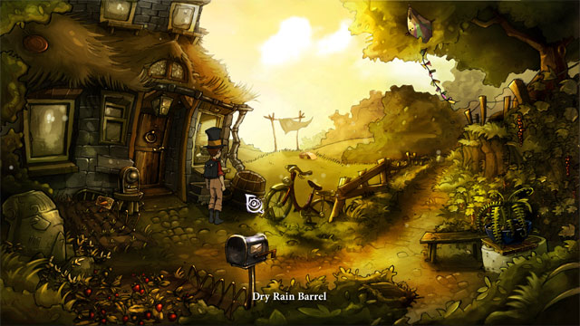 Here click on the dry rain barrel and cricket will stop his noise - The four portals: rockwhisper and greengrow spells - Walkthrough - The Night of the Rabbit - Game Guide and Walkthrough