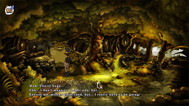 Use clicker frog on toad and it wake up - The four portals: rockwhisper and greengrow spells - Walkthrough - The Night of the Rabbit - Game Guide and Walkthrough