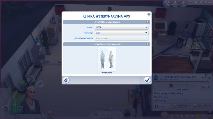 In the clinic management menu (chich you can also Access by clicking on the Cash register icon), you can set the levels of mark-up, advertising, quality of supply and change outfits of your staff - The Sims 4 Cats & Dogs: Vet clinic - how to start? - Sims 4: Cats & Dogs - Sims 4 Guide