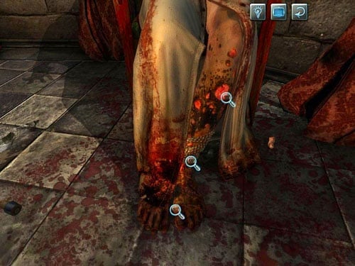 Now examine bishops legs: notice burnings on the left one, a rope below and feet - Carefully examine a bishops corpse | The Murder in Diocese of Knightsbridge - The Murder in Diocese of Knightsbridge - The Testament of Sherlock Holmes Game Guide