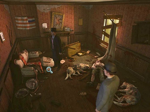 At sofa (on left) notice a piece of bloody newspaper - Visit Kurtz | Slaughter in Whitechapel - Slaughter in Whitechapel - The Testament of Sherlock Holmes Game Guide