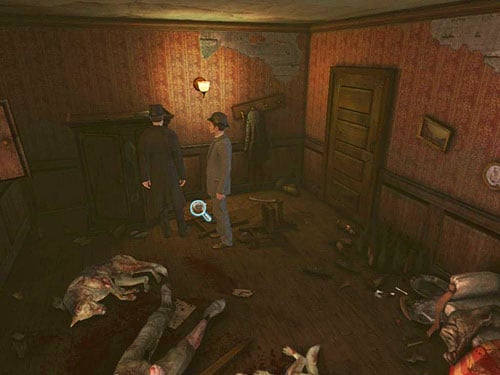 On the floor, opposite to the door, by the fallen chair, you see a tray - Visit Kurtz | Slaughter in Whitechapel - Slaughter in Whitechapel - The Testament of Sherlock Holmes Game Guide