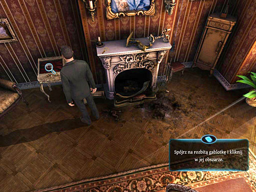 Look at (magnifying glass icon) the broken showcase - Examine all traces in the marquis music room | The Marquis Residence - The Marquis Residence - The Testament of Sherlock Holmes Game Guide