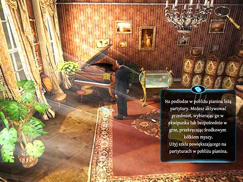 Go to the other end of room (by the next window) and click on the scores lying on the grand piano - Examine all traces in the marquis music room | The Marquis Residence - The Marquis Residence - The Testament of Sherlock Holmes Game Guide