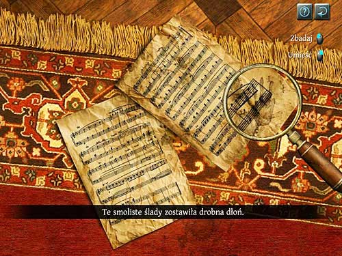 The zoom appears; click on the glass and look carefully at scores - Examine all traces in the marquis music room | The Marquis Residence - The Marquis Residence - The Testament of Sherlock Holmes Game Guide