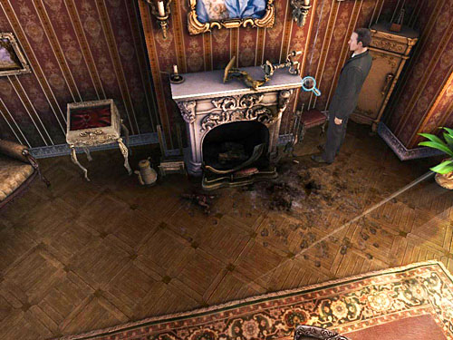 Notice also a bells cord on the right from chimney - Examine all traces in the marquis music room | The Marquis Residence - The Marquis Residence - The Testament of Sherlock Holmes Game Guide