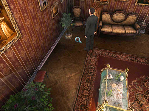 Go to the corner (right from an aquarium) and move out the screen - Examine all traces in the marquis music room | The Marquis Residence - The Marquis Residence - The Testament of Sherlock Holmes Game Guide