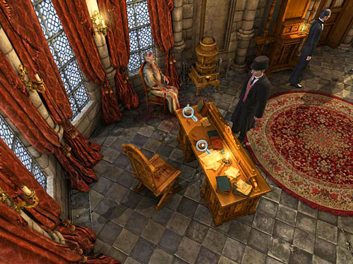 Look at the whisky and paper weight on the desk - Examine all important traces and evidences | The Murder in Diocese of Knightsbridge - The Murder in Diocese of Knightsbridge - The Testament of Sherlock Holmes Game Guide