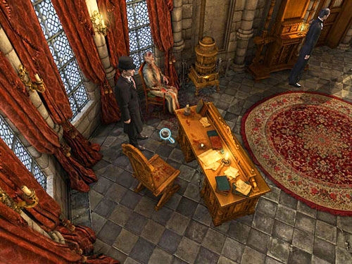 Notice also a broken bottle of whisky on the other side of desk - Examine all important traces and evidences | The Murder in Diocese of Knightsbridge - The Murder in Diocese of Knightsbridge - The Testament of Sherlock Holmes Game Guide