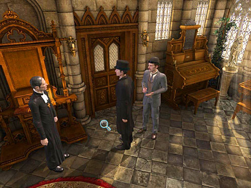 Perceive also footprints between a priest and Watson nearby the door - Examine all important traces and evidences | The Murder in Diocese of Knightsbridge - The Murder in Diocese of Knightsbridge - The Testament of Sherlock Holmes Game Guide