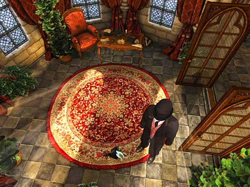 After getting on a veranda, notice a stain on the carpet and click it - Discover the Priests Secret | The Murder in Diocese of Knightsbridge - The Murder in Diocese of Knightsbridge - The Testament of Sherlock Holmes Game Guide