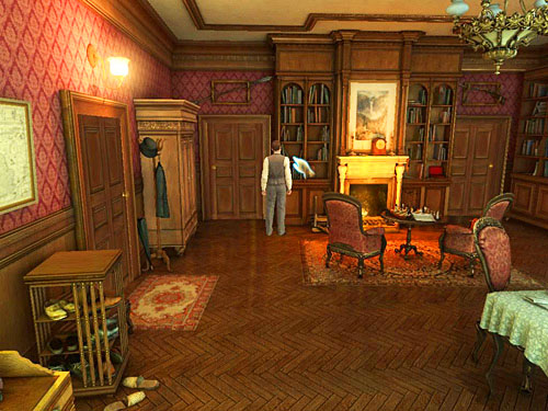 Then go to the library (on the left from chimney) and find a proper book (List of Hospitals) - Check the Collected Evidences | The Murder in Diocese of Knightsbridge - The Murder in Diocese of Knightsbridge - The Testament of Sherlock Holmes Game Guide