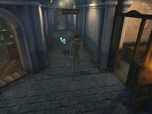 Exit a lodge and walk through a corridor between a lodge and reception desk - Launch the Alarm | Escape From Westgate Prison - Escape From Westgate Prison - The Testament of Sherlock Holmes Game Guide