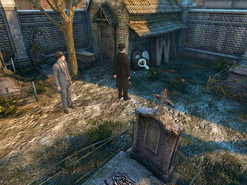 Then go right from a grave, to a gravediggers cottage - Verify Collected Evidences on a Cemetery | Slaughter in Whitechapel - Slaughter in Whitechapel - The Testament of Sherlock Holmes Game Guide