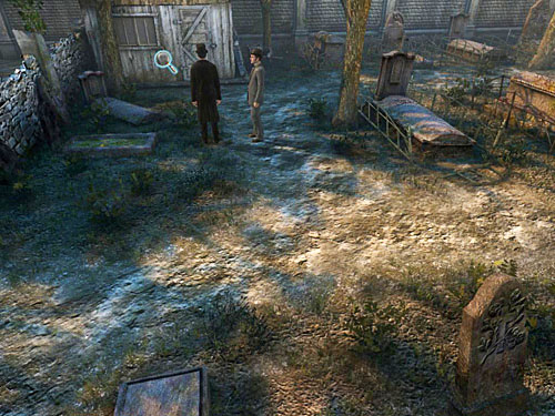 Return to the first part of cemetery through an open gate - Verify Collected Evidences on a Cemetery | Slaughter in Whitechapel - Slaughter in Whitechapel - The Testament of Sherlock Holmes Game Guide