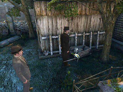 Go on the right side of shed and pick up a leaflet from wheelbarrow, which allows you to get a free bowl of soup - Verify Collected Evidences on a Cemetery | Slaughter in Whitechapel - Slaughter in Whitechapel - The Testament of Sherlock Holmes Game Guide
