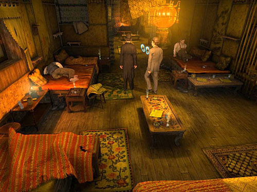 After talking to receptionist, go deeper inside, behind a red curtain - Get to the Closed Room | Slaughter in Whitechapel - Slaughter in Whitechapel - The Testament of Sherlock Holmes Game Guide