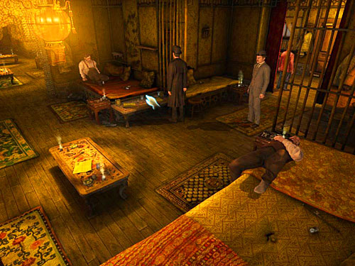 Go further inside and pick up ashtray with ashes from a table on the right (by a half-lying man) - Get to the Closed Room | Slaughter in Whitechapel - Slaughter in Whitechapel - The Testament of Sherlock Holmes Game Guide