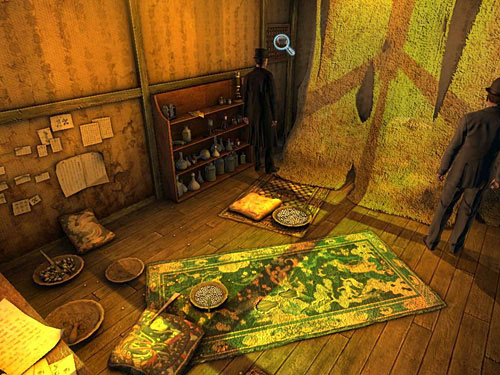 Inside, below the curtain, on the left, notice something like thin door without door knob but with a grilled window - Get to the Closed Room | Slaughter in Whitechapel - Slaughter in Whitechapel - The Testament of Sherlock Holmes Game Guide