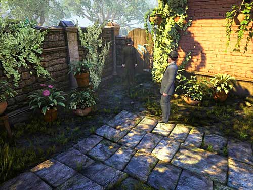 The gate to a garden is at a wall, on the left side of house - Find Stolen Laundry | Robbery in Kensington Gardens - Robbery in Kensington Gardens - The Testament of Sherlock Holmes Game Guide