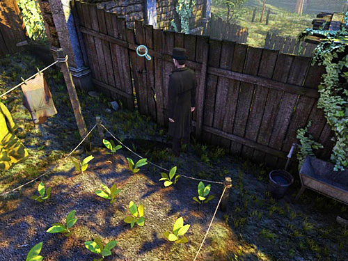 On the other side of patch (next to laundry and exit) and spot a hole in a fence - Find Stolen Laundry | Robbery in Kensington Gardens - Robbery in Kensington Gardens - The Testament of Sherlock Holmes Game Guide