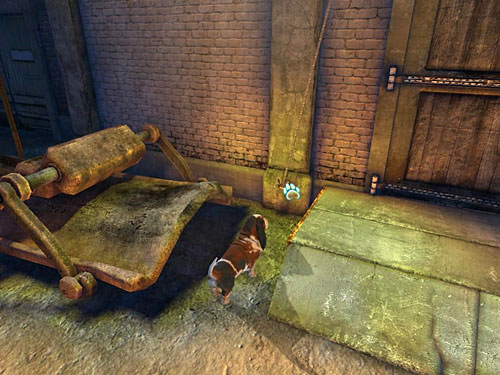 Turn around and bite through a rope attached on the left from a big gate - Get to the Building and Leave It Using Other Way | Accident at Stinging Street - Accident at Stinging Street - The Testament of Sherlock Holmes Game Guide