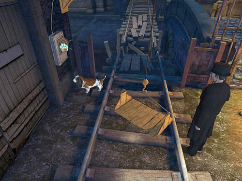 Point at levers (on the left from gate) which moves a platform - Get Behind the Gate | Accident at Stinging Street - Accident at Stinging Street - The Testament of Sherlock Holmes Game Guide