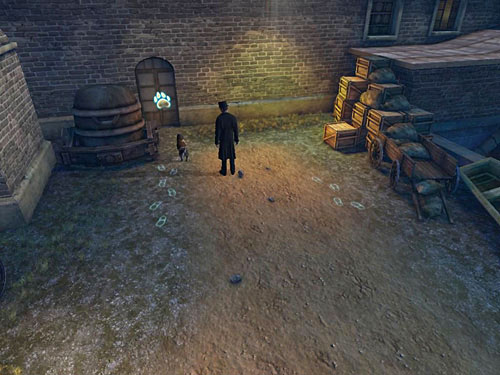 Now, follow the footprints from a bridge to a door in a big, brick building - Get to the Next Building | Accident at Stinging Street - Accident at Stinging Street - The Testament of Sherlock Holmes Game Guide