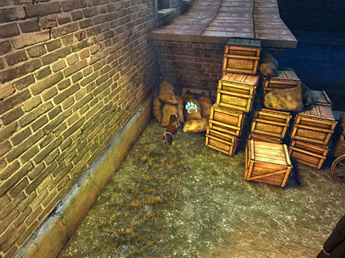 Look behind those crates - Get to the Next Building | Accident at Stinging Street - Accident at Stinging Street - The Testament of Sherlock Holmes Game Guide