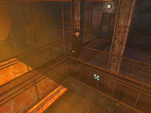 Walk on a metal landing, go straight and turn to head for stairs - Go to the Factory Site and Find Henry | Accident at Stinging Street - Accident at Stinging Street - The Testament of Sherlock Holmes Game Guide