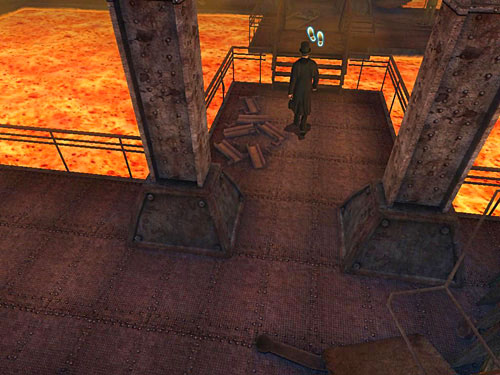 Walk like this for a while (you should have a wall on the right) until you turn left on a small platform with not-so-high stairs nearby - Go to the Factory Site and Find Henry | Accident at Stinging Street - Accident at Stinging Street - The Testament of Sherlock Holmes Game Guide