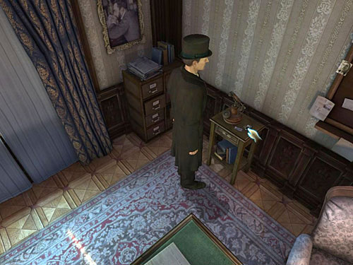 Glance at a small phone table on the right - Read a Note | O. Farleys Office - O. Farleys Office - The Testament of Sherlock Holmes Game Guide
