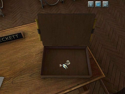 Holmes opens the box from which he takes a key - Open lady Becketts Box | Explosion in Becketts Residence - Explosion in Becketts Residence - The Testament of Sherlock Holmes Game Guide